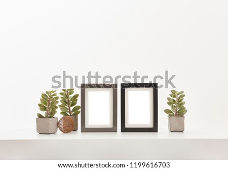 Frame and vase of flowers detail. White decoration on the table and isolated style.