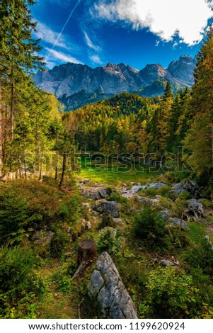A beautiful view at the colourful Frillensee in Germany, near Zugspitze, Alps.