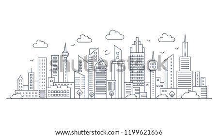 Vector thin line city landscape. Panorama urban modern city landscape with high skyscrapers. Royalty-Free Stock Photo #1199621656