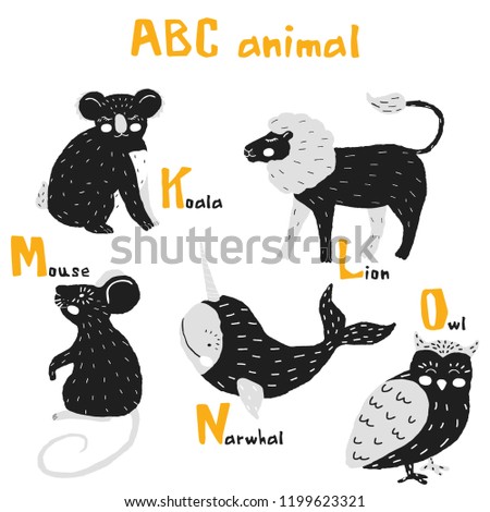 Vector hand drawn cute abc alphabet animal scandinavian design,lion,mouse,narwhal, koala,owl