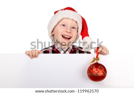 Happy Christmas child with the board on a white background.