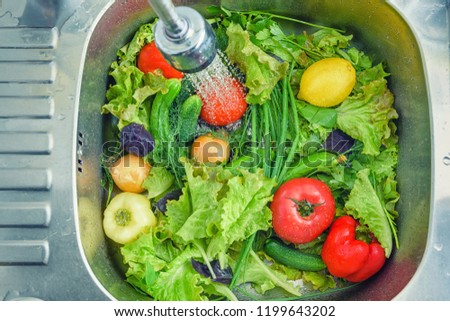 Purchased vegetables in the store need to be washed before meals. Photo of vegetables kitchen sink in jets of water. Group of fresh vegetables washed in the sink.