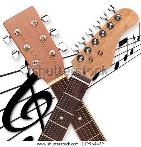 2 guitar heads on music sheet