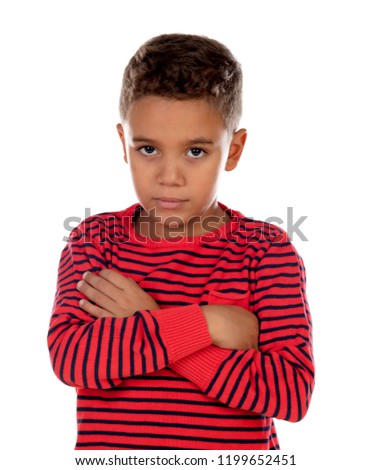 Sad child with red striped t-shirt isolated on a white background