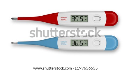 Vector realistic 3d celsius electronic medical thermometer for measuring set closeupisolated. Fever 37.5 and normal 36.6. Design template of digital thermometer showing temperature. Top view Royalty-Free Stock Photo #1199656555