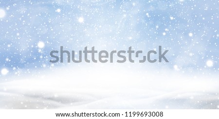 Natural Winter Christmas background with blue sky, heavy snowfall, snowflakes in different shapes and forms, snowdrifts. Winter landscape with falling christmas shining beautiful snow. vector. Royalty-Free Stock Photo #1199693008