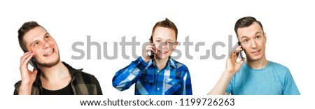 Set of portraits of young people with smartphone isolated on a white background.