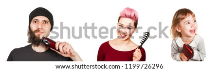 Set of portraits of young people holding comb and clipper isolated on a white background.