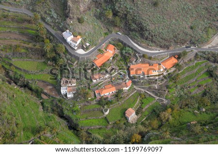 Aerial photo of farmhouses and farming terraces on the island of La Gomera, Canary Islands
