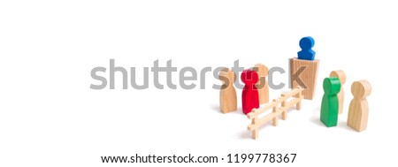 A wooden fence divides the two groups discussing the case. Termination and breakdown of relations, breaking ties. Contract break, conflict of interests. Negotiations of businessmen. banner