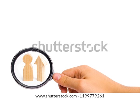 Increase, static data. Level up. quality of service. growth of the rating, the increase in the number of or clients. Magnifying glass is looking at a Wooden figure of a person and the arrow up.