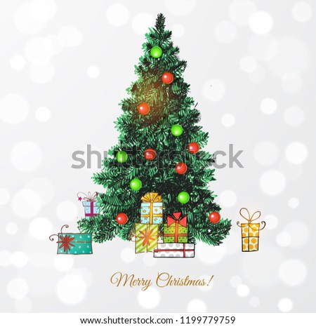 Hand drawn Christmas tree and gift boxes. Christmas card on white glowing background