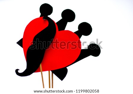 Photo props of red, black colors isolated on white background. Glasses, mustache, mouse, crown, heart, hat.