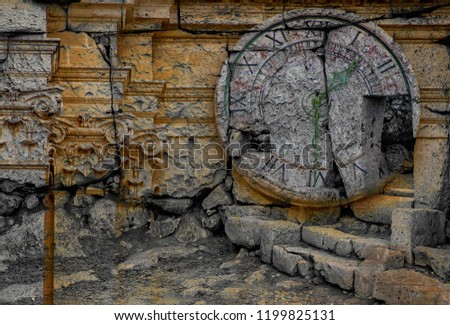 Merged photos of stone clock and ancient temple.