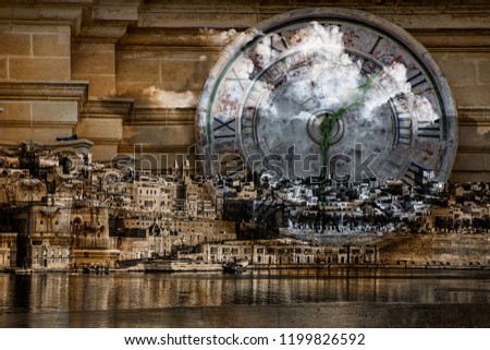 Merged photos of Valletta and stone clock face.