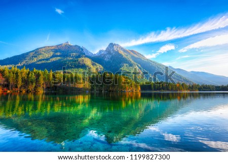 autumn sunset of Hintersee lake. Beautiful scene of trees near turquoise water of Hintersee lake. 