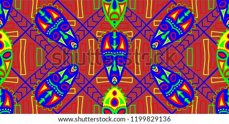 Seamless Folk Pattern. Ethnic Seamless Background with Color Trible Shamanic Masks for Print, Cloth, Fabric. Retro Folk