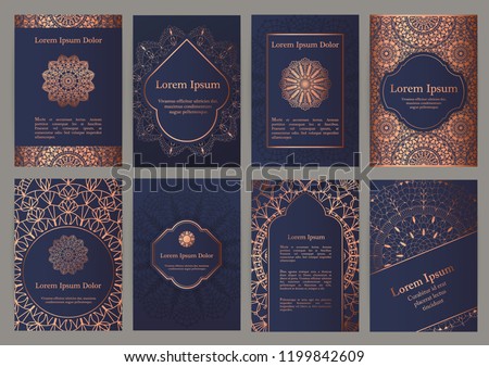 Wedding invitation,  thank you card, modern tribal ornament background templates in deep marine blue and copper color. Vector elegant template Royalty-Free Stock Photo #1199842609