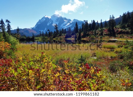 Amazing view of Mount Shuksan and vibrant colors around Picture Lake in the North Cascade mountains