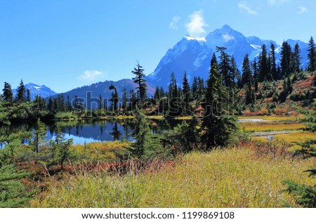 Stunning view of Mount Shuksan and fall colors around Picture Lake in the North Cascade mountains