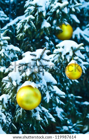Christmas decorations on snow-covered branches in turquoise