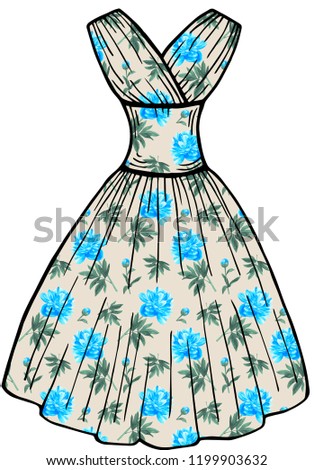 Painted dress in retro style with watercolor blue flowers and black contour. Hand drawn illustration. Isolated on white background.