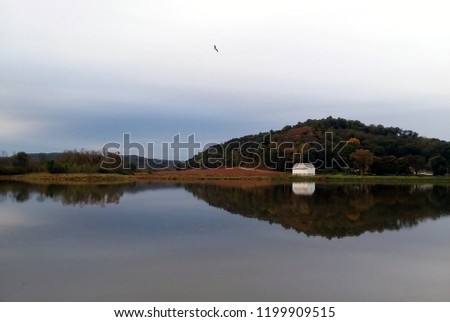 Picture perfect reflection of hilly countryside landscape in a lake. Early evening, magic warm sunset colors, day in late September. Bird flying in the center. Taken in Leland, Wisconsin (USA).