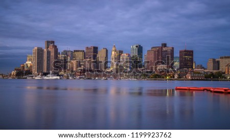 A view of Boston's skyline/cityscape from the wharf in the morning