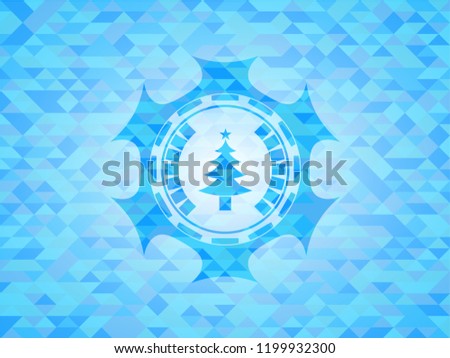 christmas tree icon inside light blue emblem with mosaic background