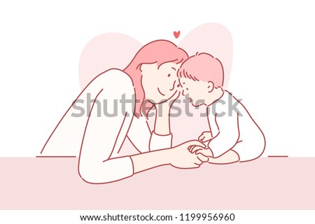 Mom is looking at the baby with love. hand drawn style vector design illustrations.