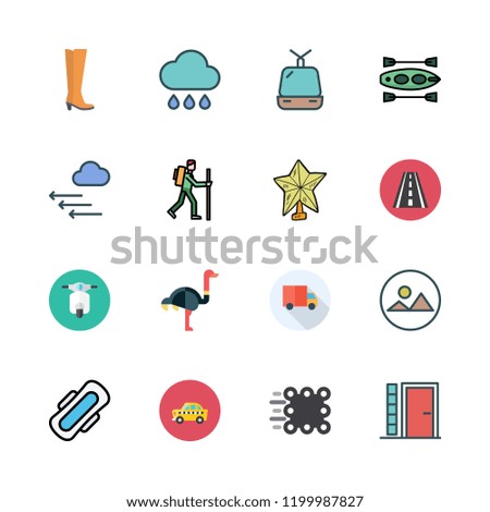 outdoor icon set. vector set about side view, cable car cabin, landscape and motorbike icons set.