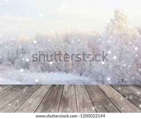 Empty wood flooring on blurred winter background. Empty space for Your object. Backdrop, table layout with winter landscape and snowflakes.                               