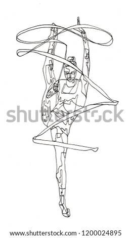Freehand Contour Line Drawing of Rhythmic Gymnastics on paper by black pen. People Illustrations