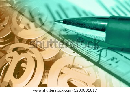 Business background with pen, mail signs and ruler.