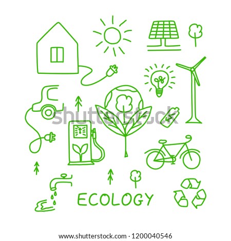 Set of hand drawn ecology symbols with house, wind power plant, solar power plant, sun, lamp, e-car, bike, gas station, water, batery, trees and lettering. Vector illustration.
