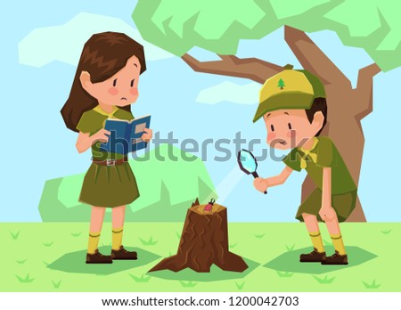 Children scouts in forest. Girlscout Boyscout study the beetle flat cartoon illustration