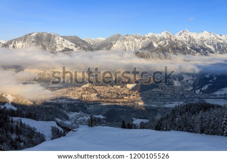 Beautiful winter view of Brand in Vorarlberg in the Brandnertal, Austria, on a clear blue winter day 