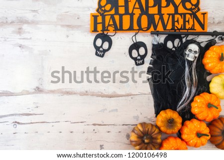 Halloween concept with a pumpkin and skeleton on background