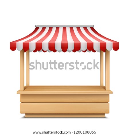 Vector realistic illustration of empty market stall with red and white striped awning isolated on background. Mockup of wooden counter with canopy for street trading, retail stand for grocery goods Royalty-Free Stock Photo #1200108055