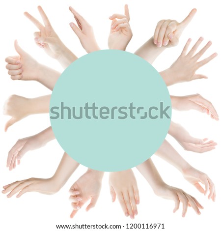 Many different  woman hand gestures isolated on white background