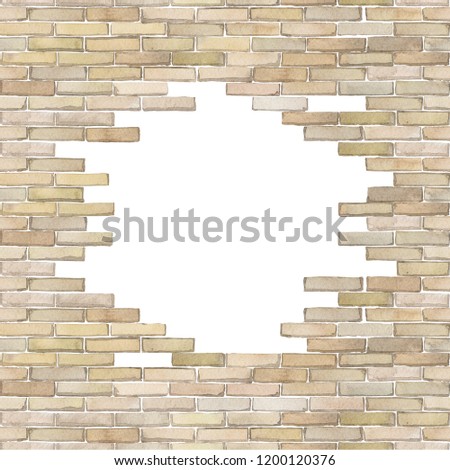 Watercolor brick wall with punched hole of circular shape. Hand painted architectural design. Can be combined on the edges with repeated seamless patterns