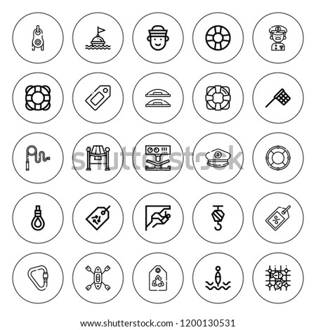 Rope icon set. collection of 25 outline rope icons with bending, buoy, climbing, captain, carabiner, crane, fishing net, lifesaver, kayak, label, net icons. editable icons.