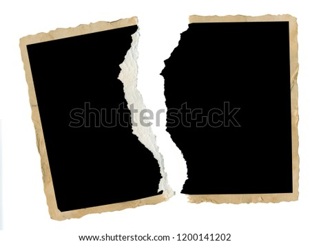 Torn old blank photograph, picture frame, divorce, contradiction concept for instance,isolated on white