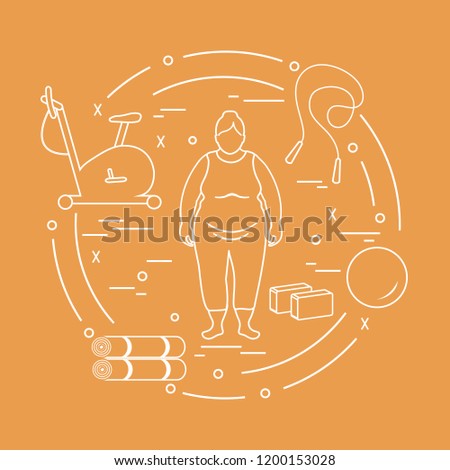 Fat woman and different sports equipment. Healthy lifestyle. Exercise bike, skipping rope, fitball, yoga bricks and mat.