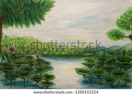 Painting lotus ponds, river,tree of wooden pencil.