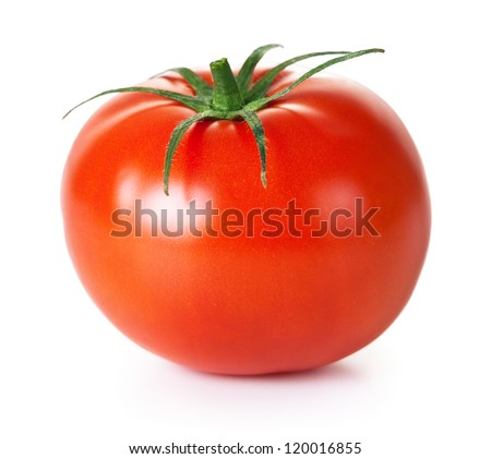 Fresh red tomato with green stem on white background Royalty-Free Stock Photo #120016855