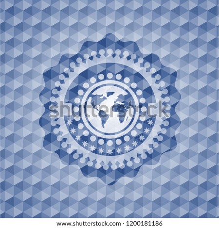 earth icon inside blue emblem with geometric pattern.
