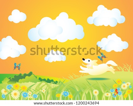 landscape nature with dog running, flower and butterfly at evening vector