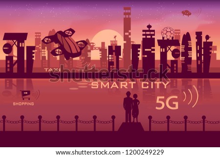 Futuristic city. 5G internet. Romantic sunset. Lovers. Taxi drone. Smart city. Futuristic technology. Infographic. Hybrid car. City river. Royalty-Free Stock Photo #1200249229