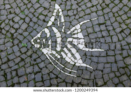 white  stone put together to fish  creative sidewalk in Terceira,Portugal, 